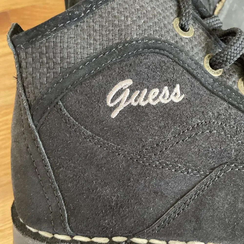 Guess Women's 7.5 Black Suede Boots worn once mid top lace up Shoes BP